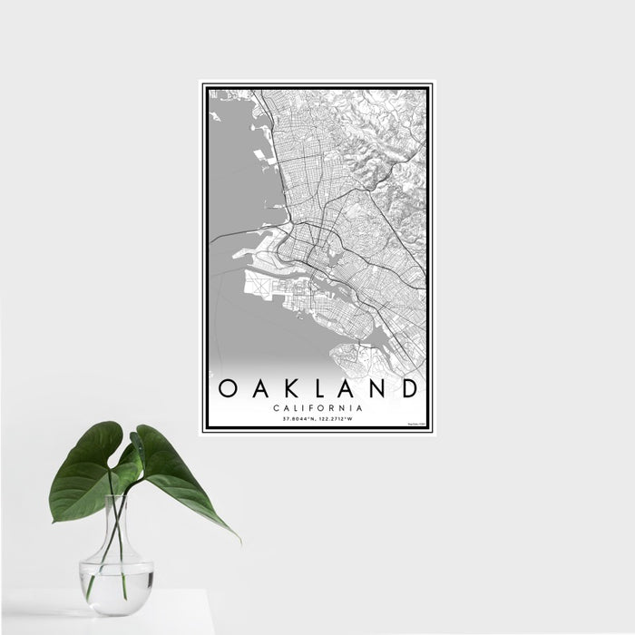 16x24 Oakland California Map Print Portrait Orientation in Classic Style With Tropical Plant Leaves in Water