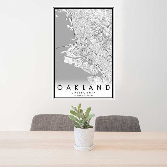 24x36 Oakland California Map Print Portrait Orientation in Classic Style Behind 2 Chairs Table and Potted Plant