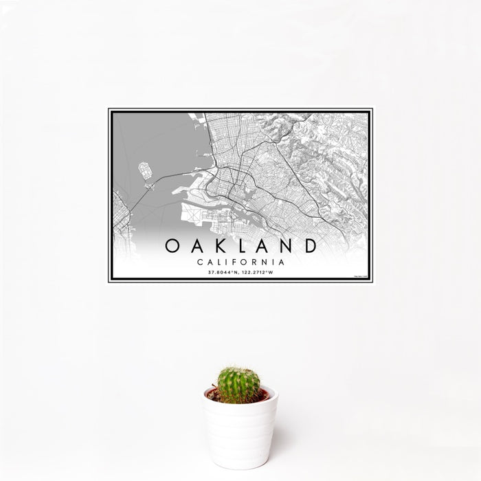 12x18 Oakland California Map Print Landscape Orientation in Classic Style With Small Cactus Plant in White Planter