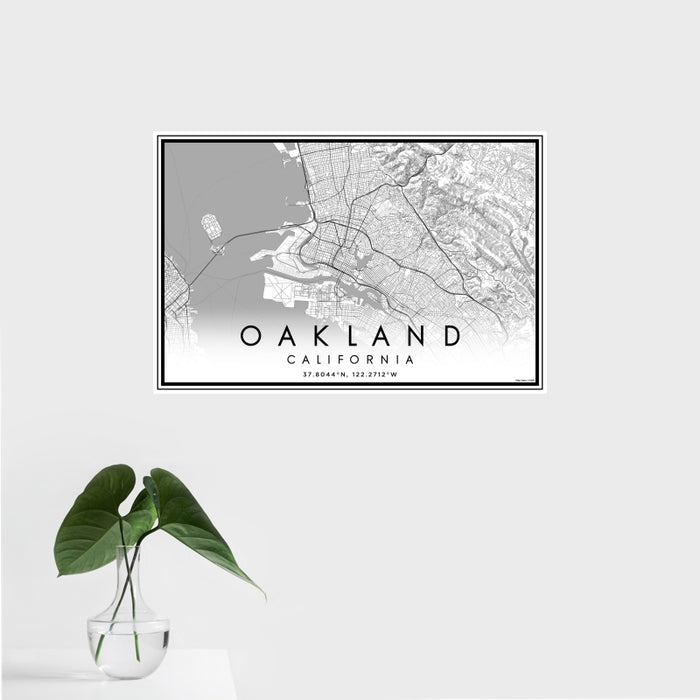 16x24 Oakland California Map Print Landscape Orientation in Classic Style With Tropical Plant Leaves in Water