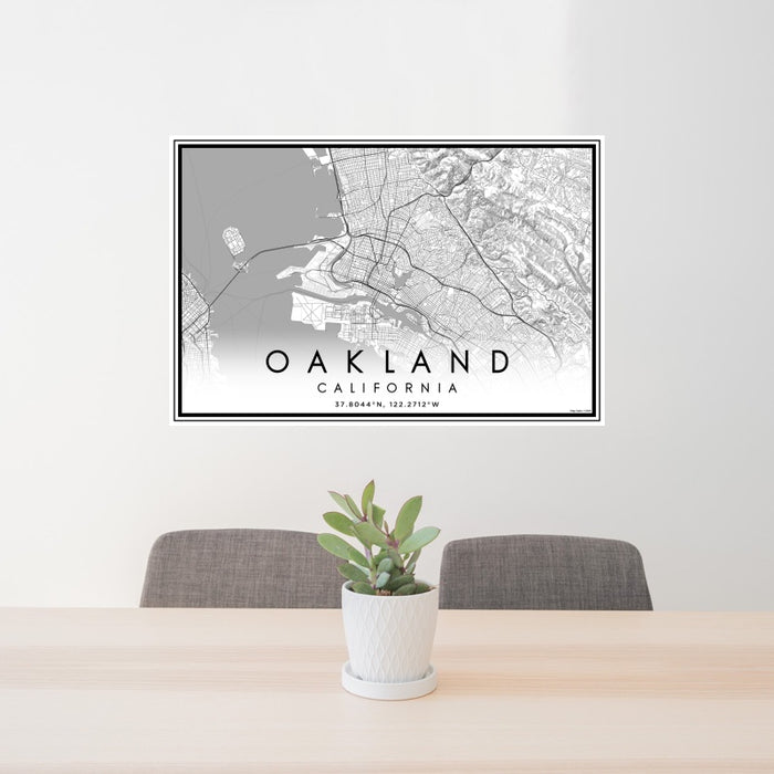 24x36 Oakland California Map Print Landscape Orientation in Classic Style Behind 2 Chairs Table and Potted Plant