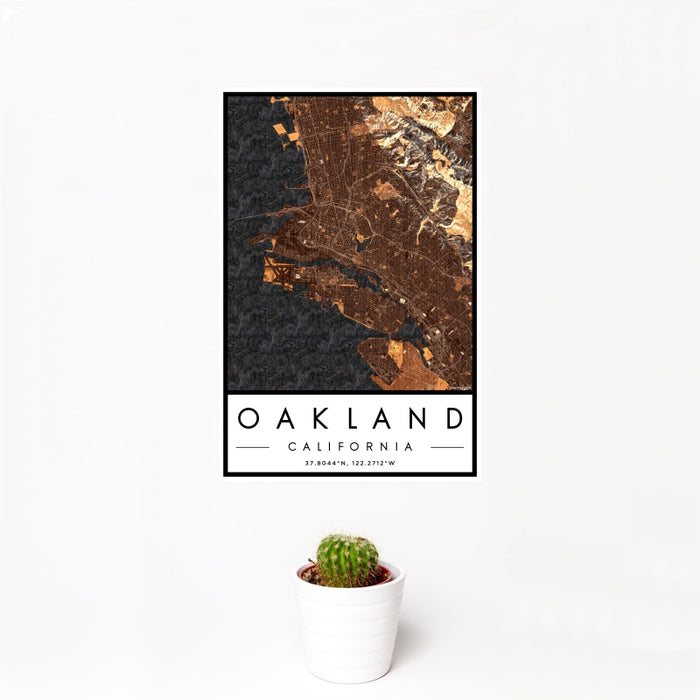 12x18 Oakland California Map Print Portrait Orientation in Ember Style With Small Cactus Plant in White Planter