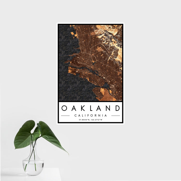 16x24 Oakland California Map Print Portrait Orientation in Ember Style With Tropical Plant Leaves in Water