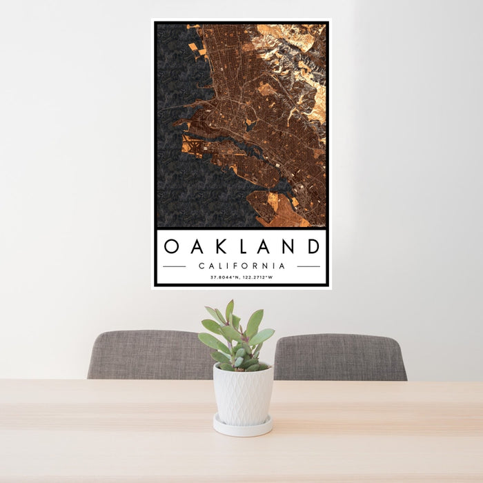 24x36 Oakland California Map Print Portrait Orientation in Ember Style Behind 2 Chairs Table and Potted Plant