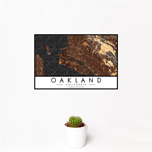 12x18 Oakland California Map Print Landscape Orientation in Ember Style With Small Cactus Plant in White Planter