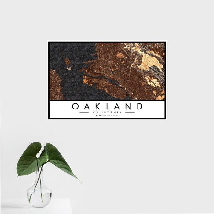 16x24 Oakland California Map Print Landscape Orientation in Ember Style With Tropical Plant Leaves in Water