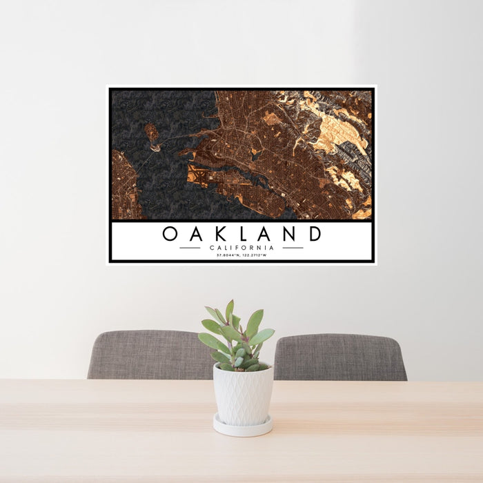 24x36 Oakland California Map Print Landscape Orientation in Ember Style Behind 2 Chairs Table and Potted Plant