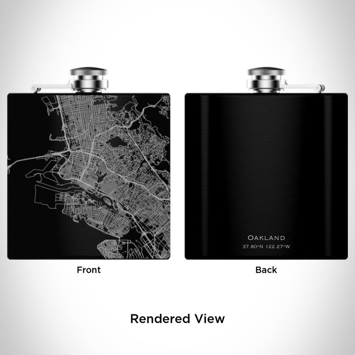 Rendered View of Oakland California Map Engraving on 6oz Stainless Steel Flask in Black