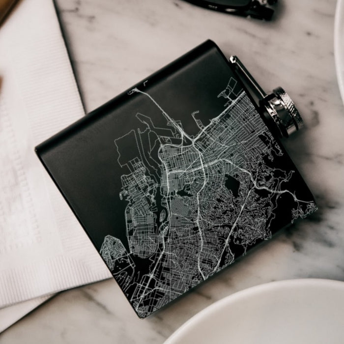 Oakland California Custom Engraved City Map Inscription Coordinates on 6oz Stainless Steel Flask in Black