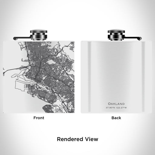 Rendered View of Oakland California Map Engraving on 6oz Stainless Steel Flask in White