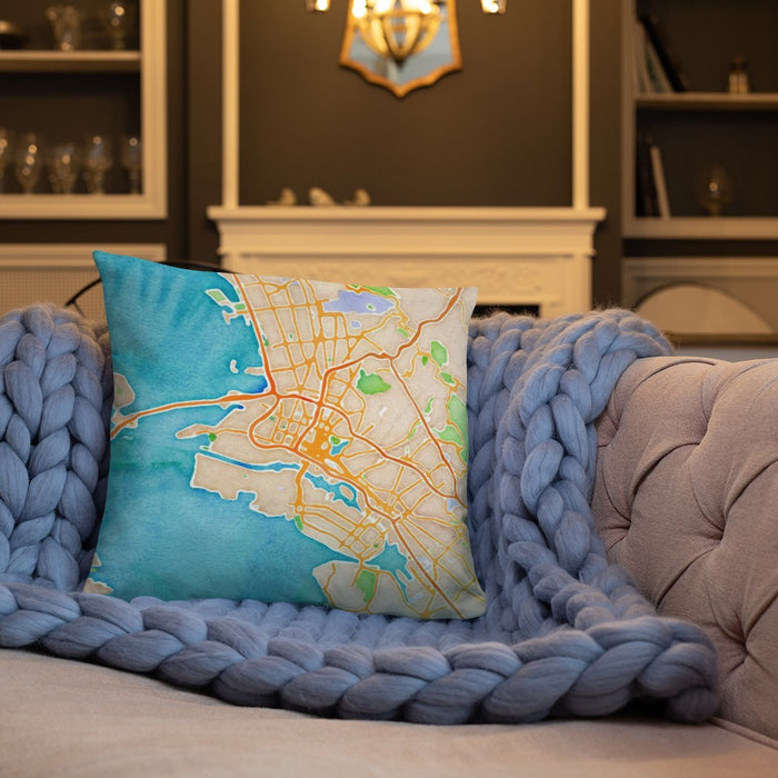 Custom Oakland California Map Throw Pillow in Watercolor on Cream Colored Couch