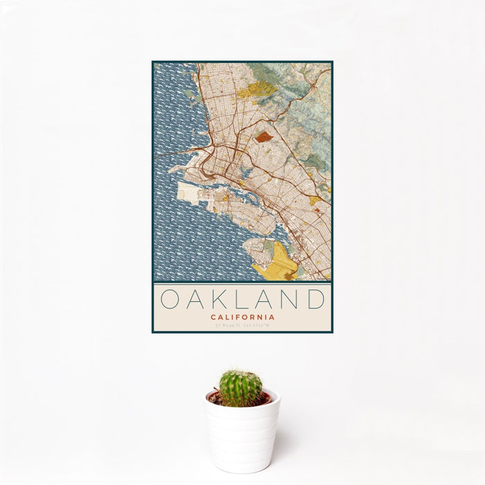 12x18 Oakland California Map Print Portrait Orientation in Woodblock Style With Small Cactus Plant in White Planter