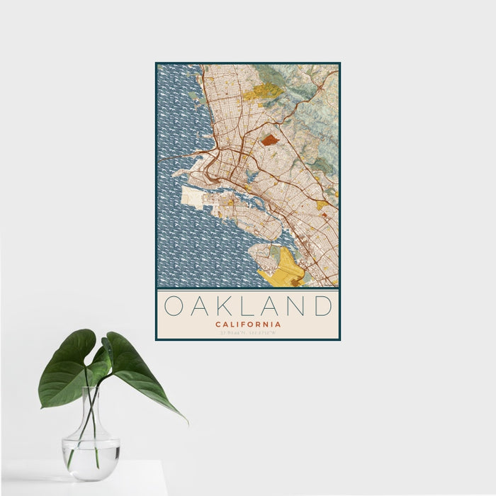 16x24 Oakland California Map Print Portrait Orientation in Woodblock Style With Tropical Plant Leaves in Water