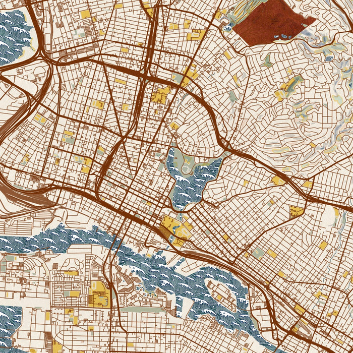 Oakland California Map Print in Woodblock Style Zoomed In Close Up Showing Details