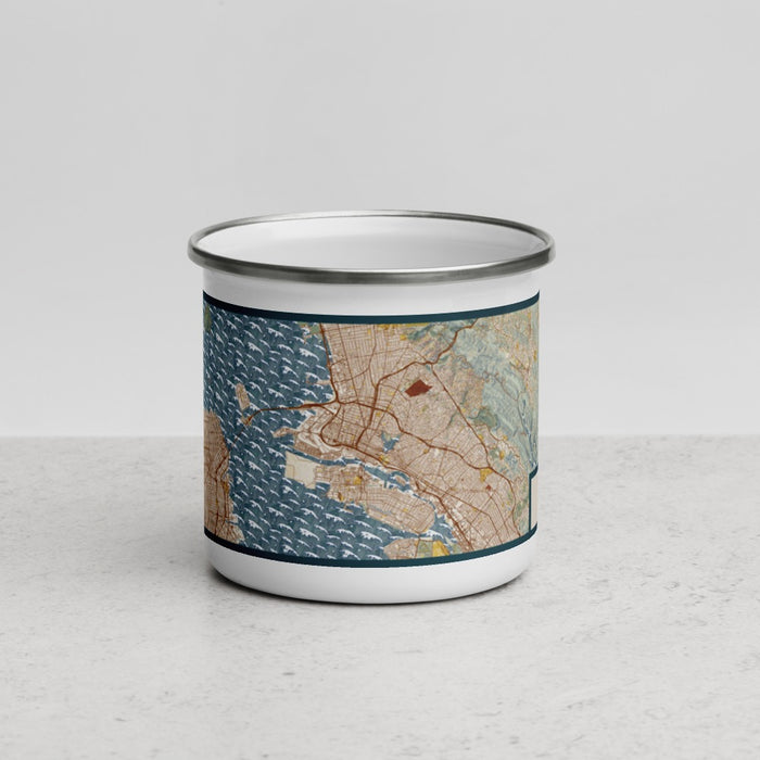 Front View Custom Oakland California Map Enamel Mug in Woodblock