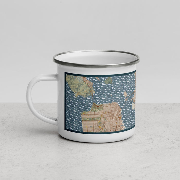 Left View Custom Oakland California Map Enamel Mug in Woodblock