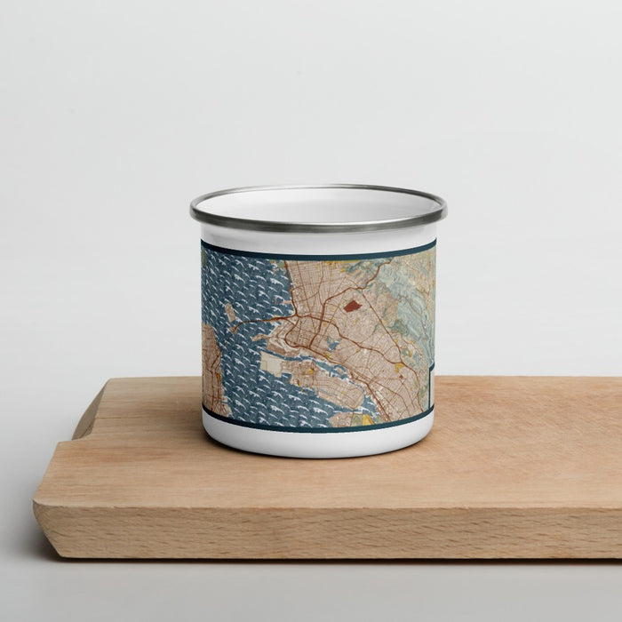 Front View Custom Oakland California Map Enamel Mug in Woodblock on Cutting Board