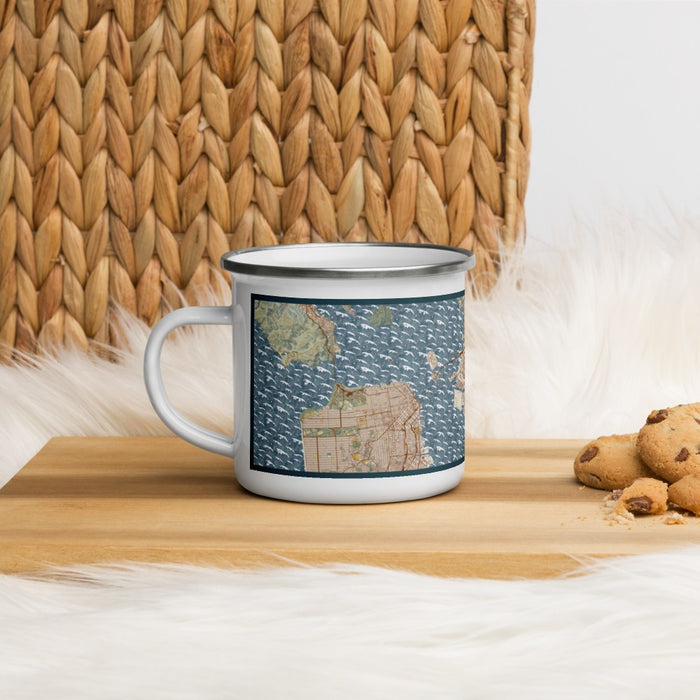 Left View Custom Oakland California Map Enamel Mug in Woodblock on Table Top
