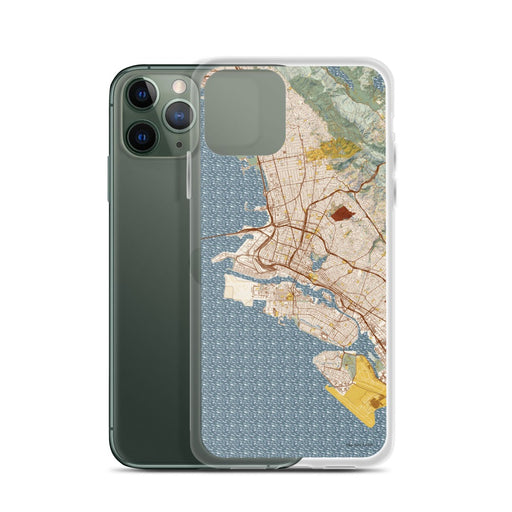 Custom Oakland California Map Phone Case in Woodblock on Table with Laptop and Plant