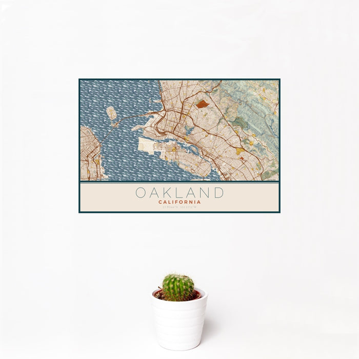 12x18 Oakland California Map Print Landscape Orientation in Woodblock Style With Small Cactus Plant in White Planter