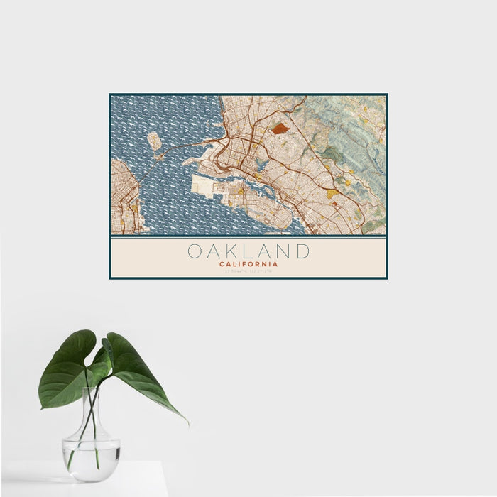 16x24 Oakland California Map Print Landscape Orientation in Woodblock Style With Tropical Plant Leaves in Water