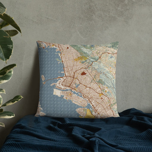 Custom Oakland California Map Throw Pillow in Woodblock on Bedding Against Wall