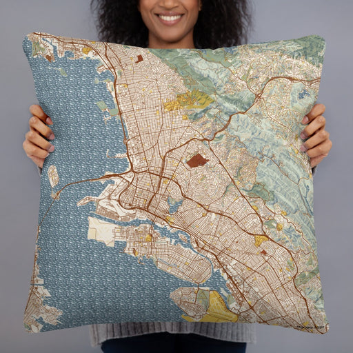 Person holding 22x22 Custom Oakland California Map Throw Pillow in Woodblock