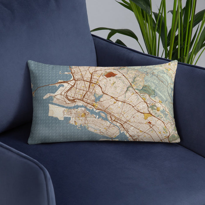 Custom Oakland California Map Throw Pillow in Woodblock on Blue Colored Chair