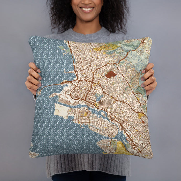 Person holding 18x18 Custom Oakland California Map Throw Pillow in Woodblock