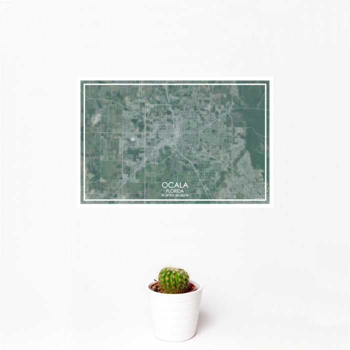 12x18 Ocala Florida Map Print Landscape Orientation in Afternoon Style With Small Cactus Plant in White Planter