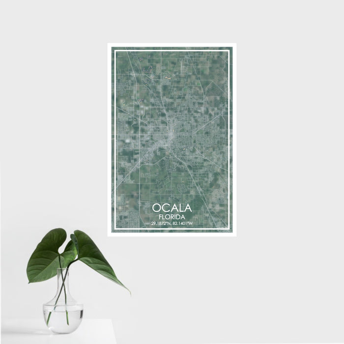 16x24 Ocala Florida Map Print Portrait Orientation in Afternoon Style With Tropical Plant Leaves in Water