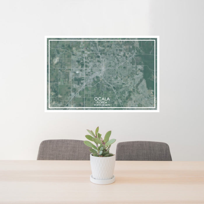 24x36 Ocala Florida Map Print Lanscape Orientation in Afternoon Style Behind 2 Chairs Table and Potted Plant