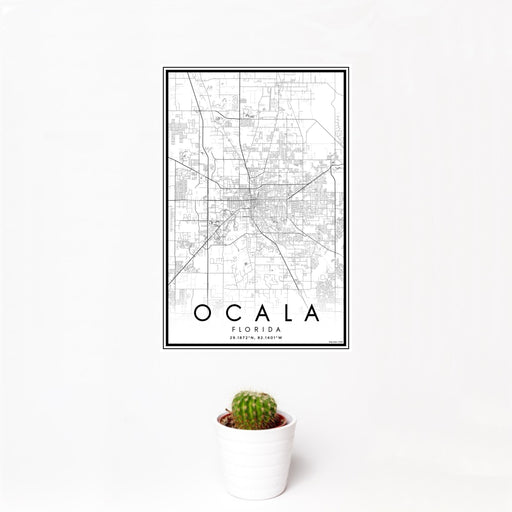 12x18 Ocala Florida Map Print Portrait Orientation in Classic Style With Small Cactus Plant in White Planter
