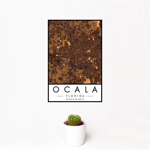 12x18 Ocala Florida Map Print Portrait Orientation in Ember Style With Small Cactus Plant in White Planter