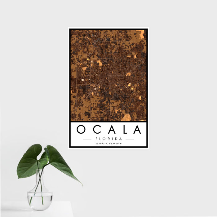 16x24 Ocala Florida Map Print Portrait Orientation in Ember Style With Tropical Plant Leaves in Water