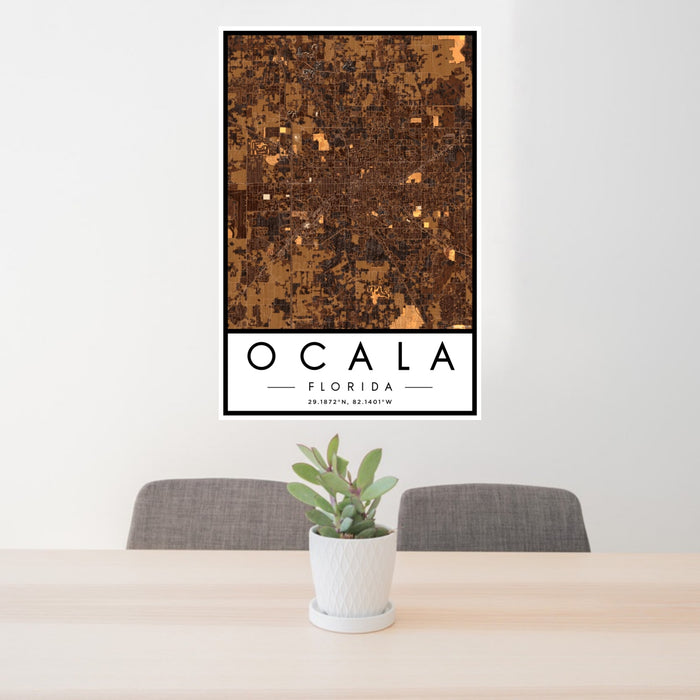 24x36 Ocala Florida Map Print Portrait Orientation in Ember Style Behind 2 Chairs Table and Potted Plant