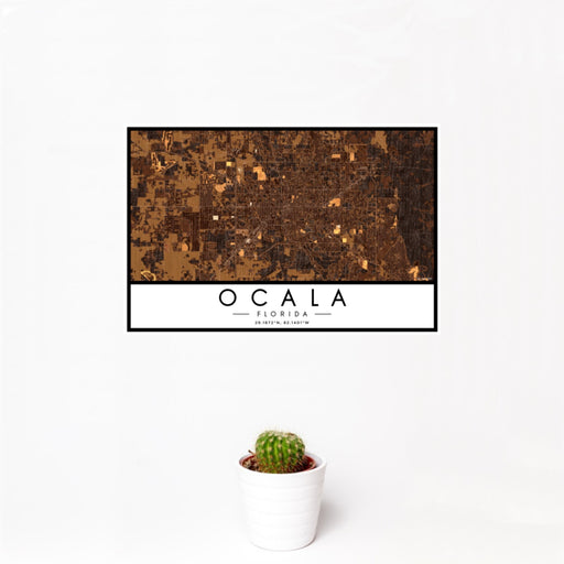 12x18 Ocala Florida Map Print Landscape Orientation in Ember Style With Small Cactus Plant in White Planter