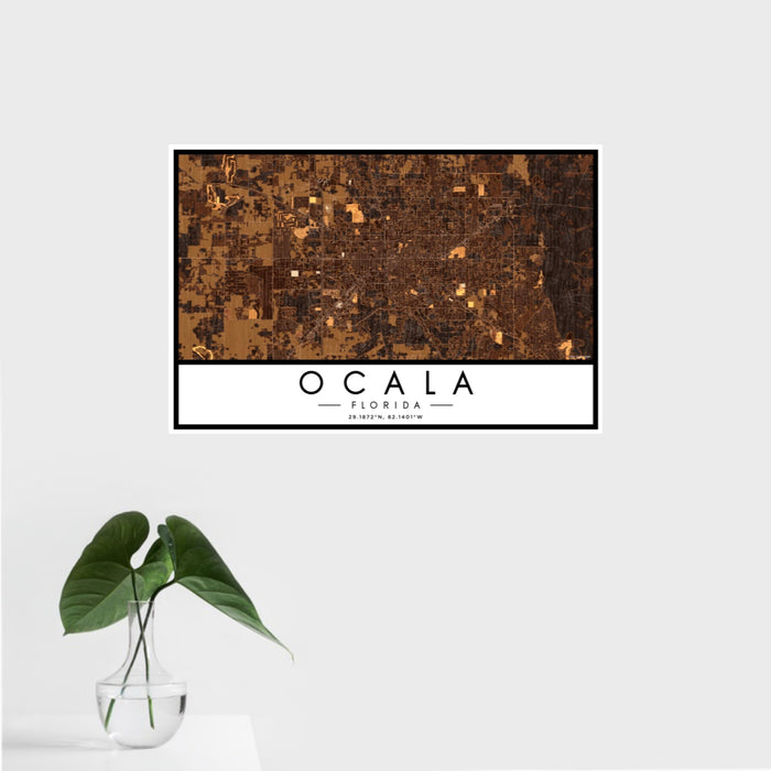 16x24 Ocala Florida Map Print Landscape Orientation in Ember Style With Tropical Plant Leaves in Water