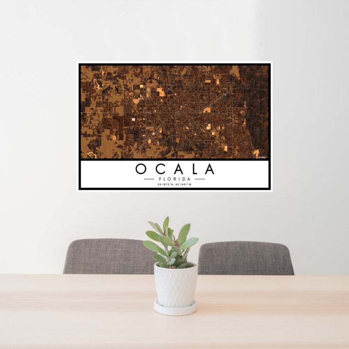 24x36 Ocala Florida Map Print Landscape Orientation in Ember Style Behind 2 Chairs Table and Potted Plant