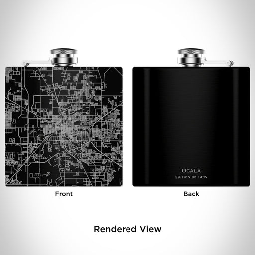 Rendered View of Ocala Florida Map Engraving on 6oz Stainless Steel Flask in Black