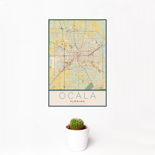 12x18 Ocala Florida Map Print Portrait Orientation in Woodblock Style With Small Cactus Plant in White Planter