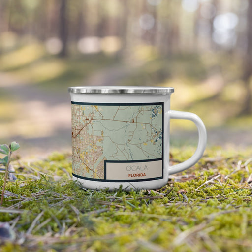 Right View Custom Ocala Florida Map Enamel Mug in Woodblock on Grass With Trees in Background