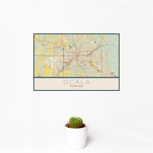 12x18 Ocala Florida Map Print Landscape Orientation in Woodblock Style With Small Cactus Plant in White Planter
