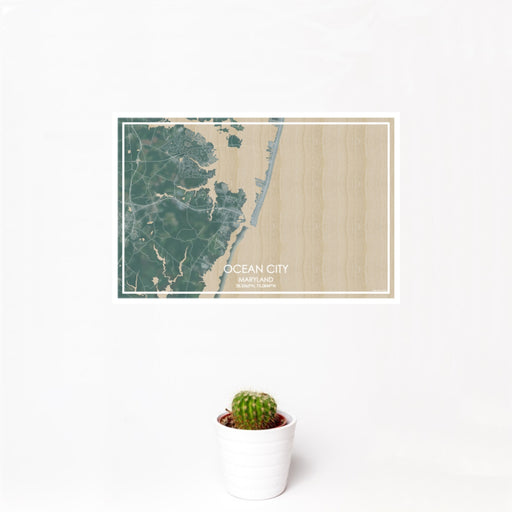 12x18 Ocean City Maryland Map Print Landscape Orientation in Afternoon Style With Small Cactus Plant in White Planter