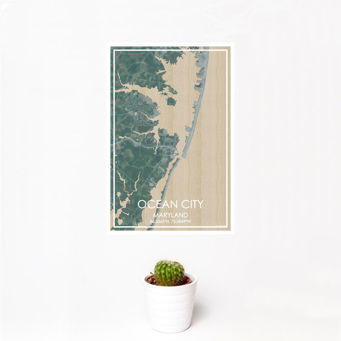 12x18 Ocean City Maryland Map Print Portrait Orientation in Afternoon Style With Small Cactus Plant in White Planter