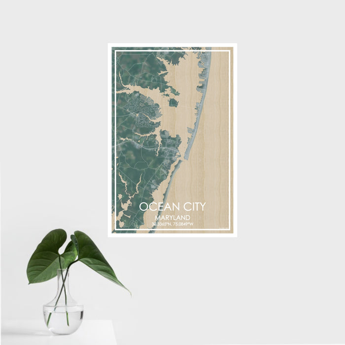 16x24 Ocean City Maryland Map Print Portrait Orientation in Afternoon Style With Tropical Plant Leaves in Water