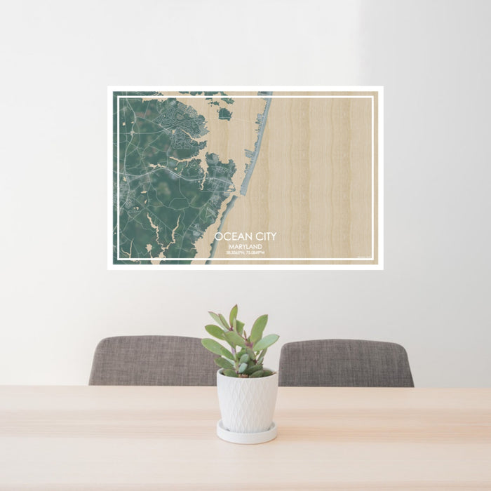 24x36 Ocean City Maryland Map Print Lanscape Orientation in Afternoon Style Behind 2 Chairs Table and Potted Plant