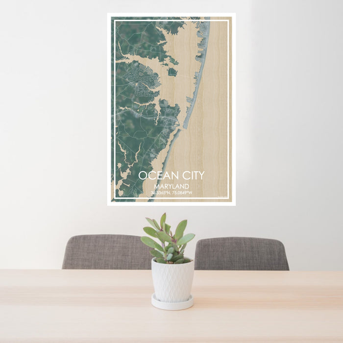 24x36 Ocean City Maryland Map Print Portrait Orientation in Afternoon Style Behind 2 Chairs Table and Potted Plant
