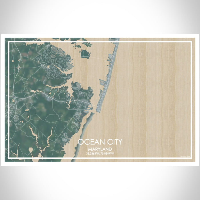 Ocean City Maryland Map Print Landscape Orientation in Afternoon Style With Shaded Background