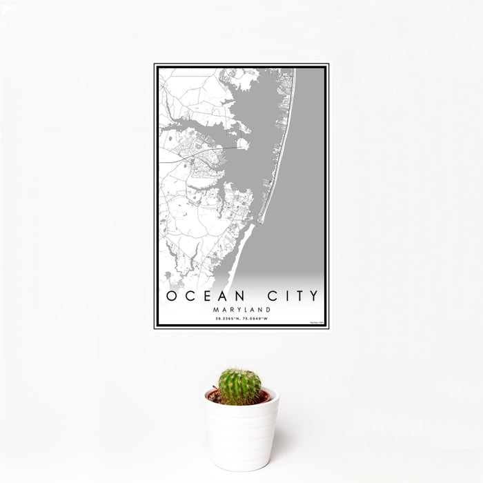 12x18 Ocean City Maryland Map Print Portrait Orientation in Classic Style With Small Cactus Plant in White Planter